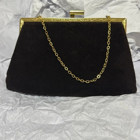 Vintage Etra Suede Clutch Purse with Gold Tone Hardware and chain handle. - Picture 1 of 8
